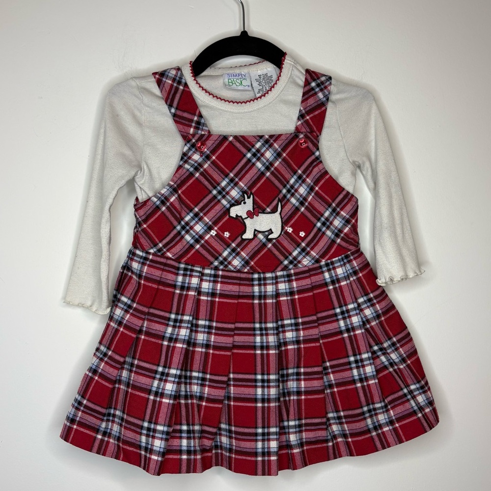Simply Basic 2T Vintage Tartan Red Plaid Scottie Pinafore Dress With Ivory Top